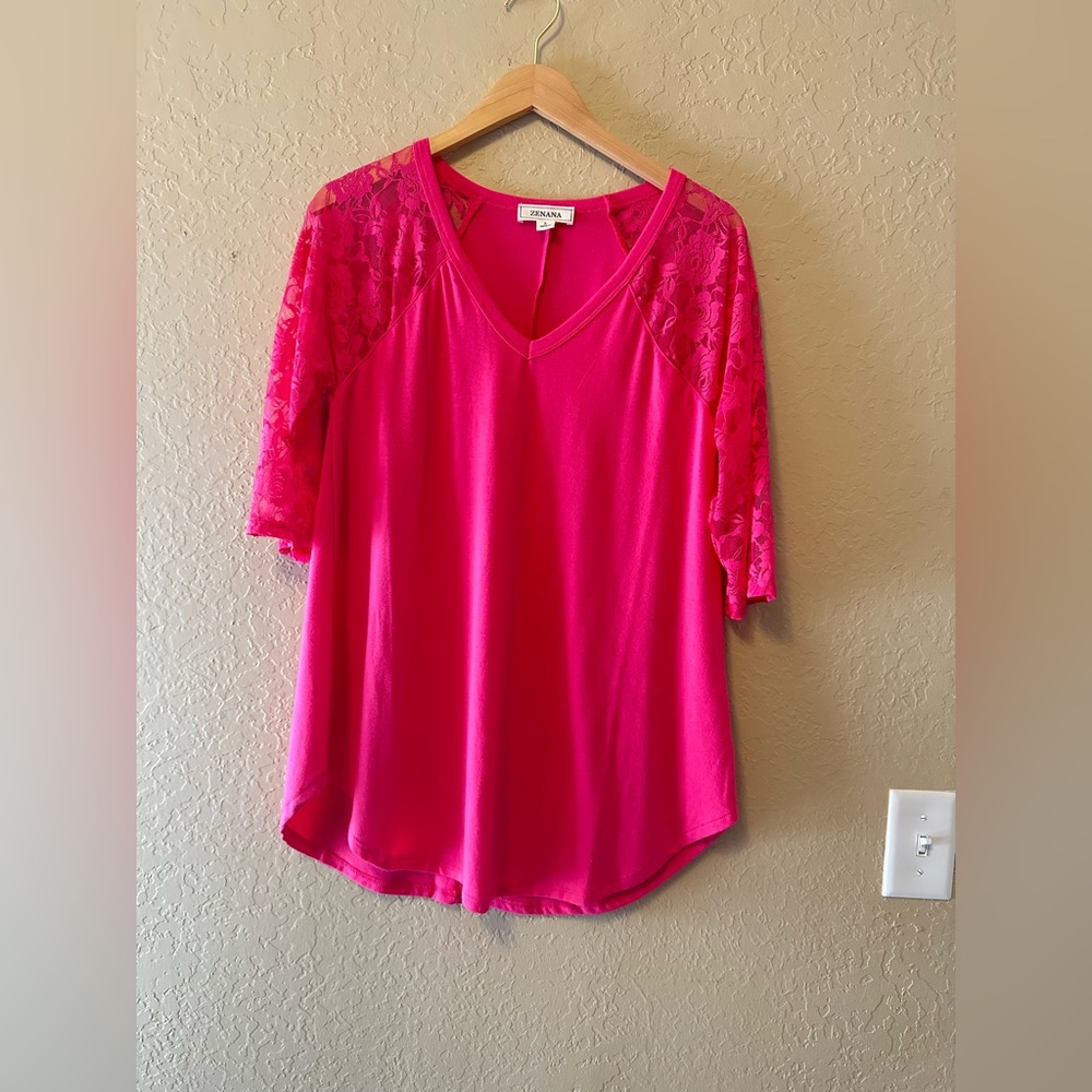 Zenana Outfitters Fuchsia Lace Sleeve Blouse